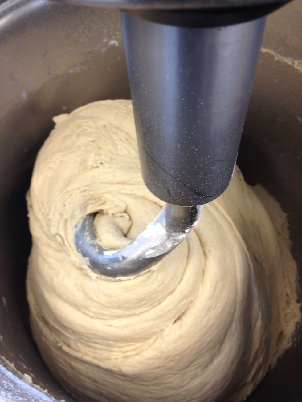 After a while the dough should come together Then keep kneading it for another eight minutes.