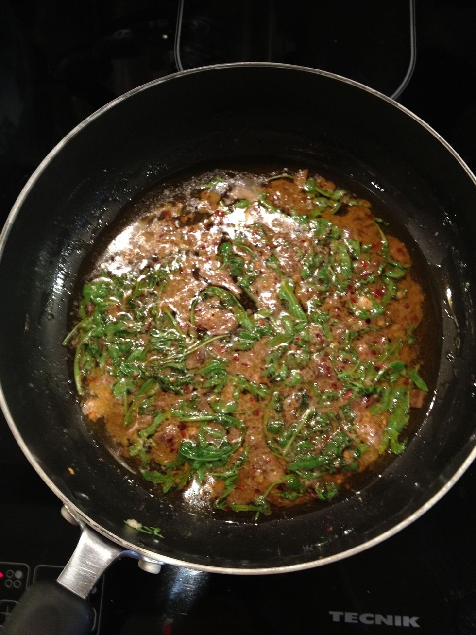 After about 10 mins you sauce should look like this. No lumps of anchovy as it should disperse into a liquid sauce. Once it's looking like a sauce, take of the heat.