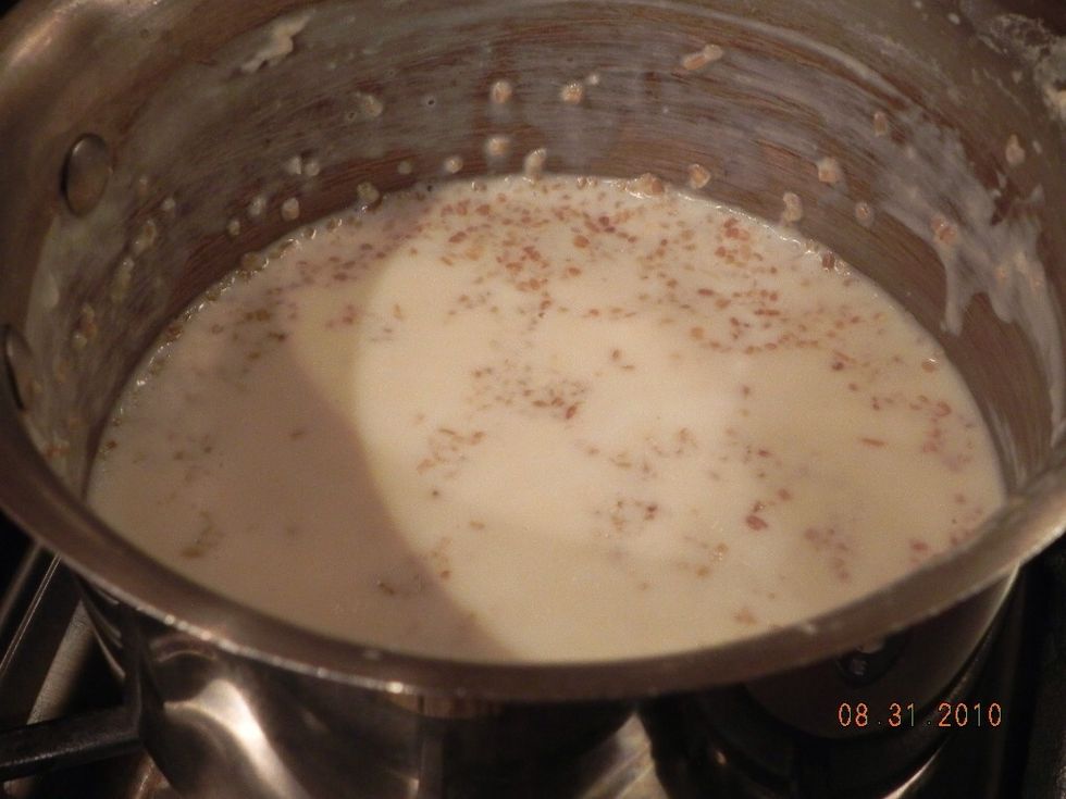 After about 12-15 mins, the liquid will cook down and you'll see the oats peeking through. Cook another 5 mins, then remove from heat and cover. Leave oatmeal covered for ~20mins.