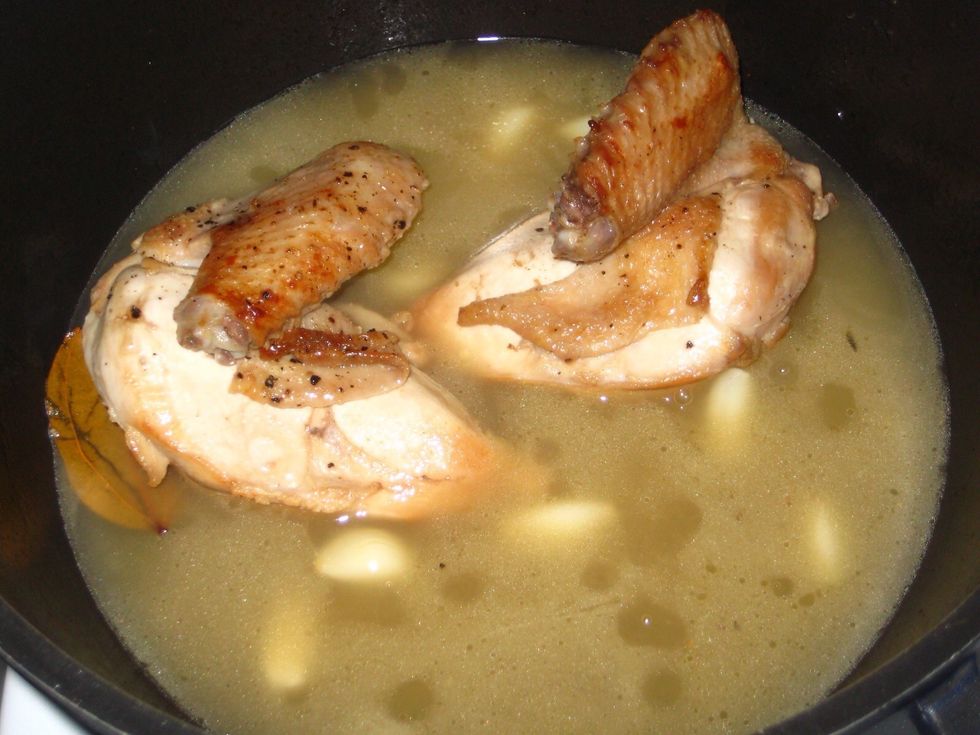 After about 15 minutes depending on the size of the breast, the chicken should be done and to confirm make a small cut next to a bone and if the liquid is clear, the the chicken is ready.