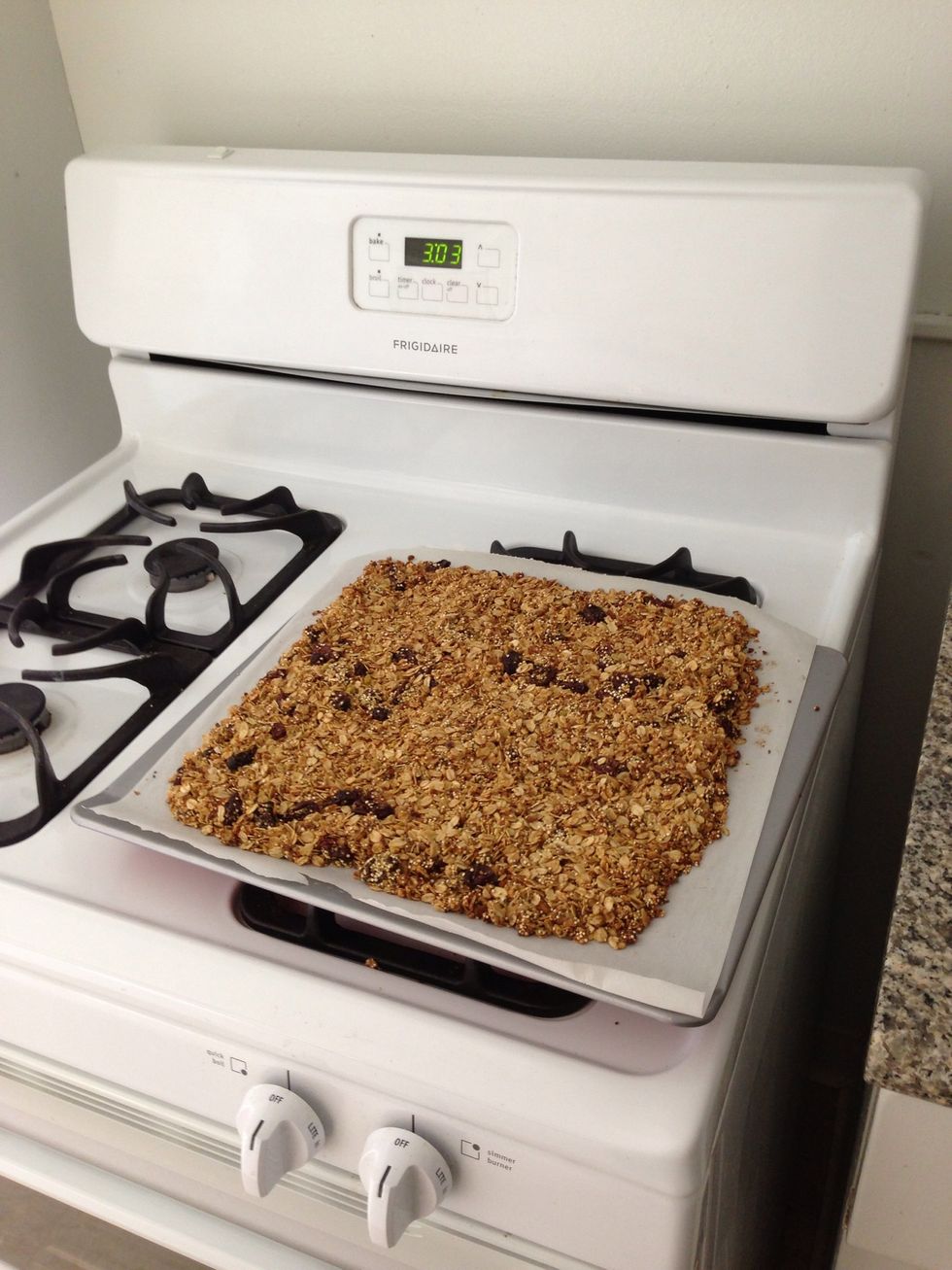 After about 20 min, granola should be golden. Take granola out of the oven and let sit for about 1 hour so it can fully dry and get its crunch. Store granola in ziplock bag or sealed container. Enjoy!