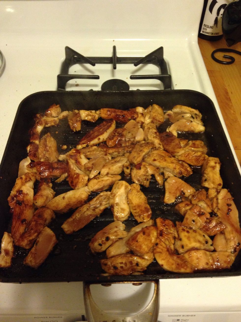 After about 3-4 minutes, the chicken should be browned on one side. Flip and cook for 2 minutes.