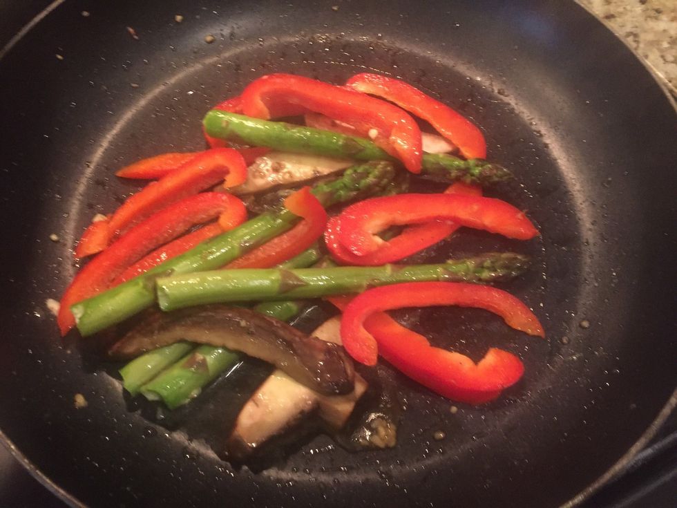 After about 5-7 minutes, you can add your peppers.