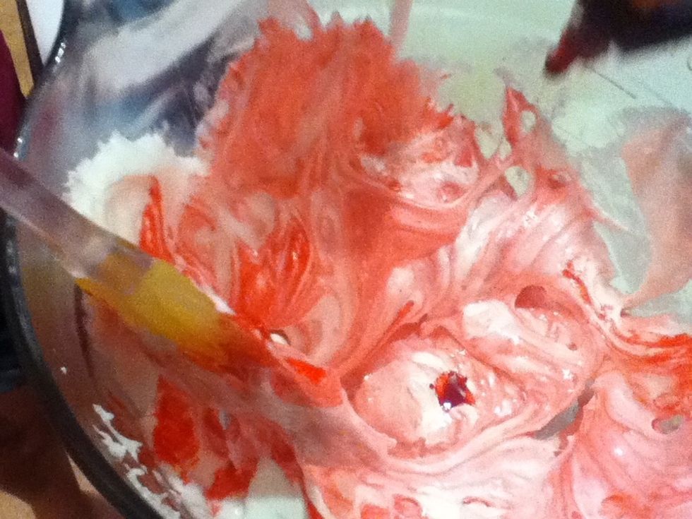 After add red dye to one bowl and mix