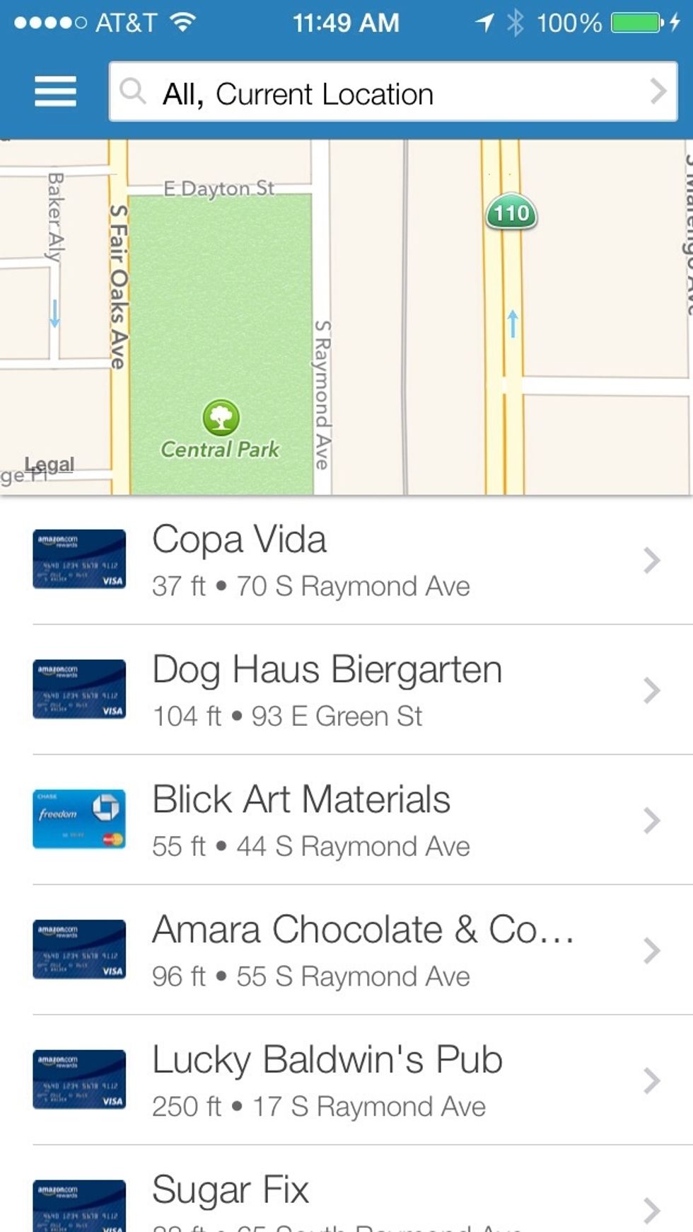 After adding your cards, every time you open the app, it will show nearby locations along with which of your cards to use to get the most rewards. Tap a location to get more details.