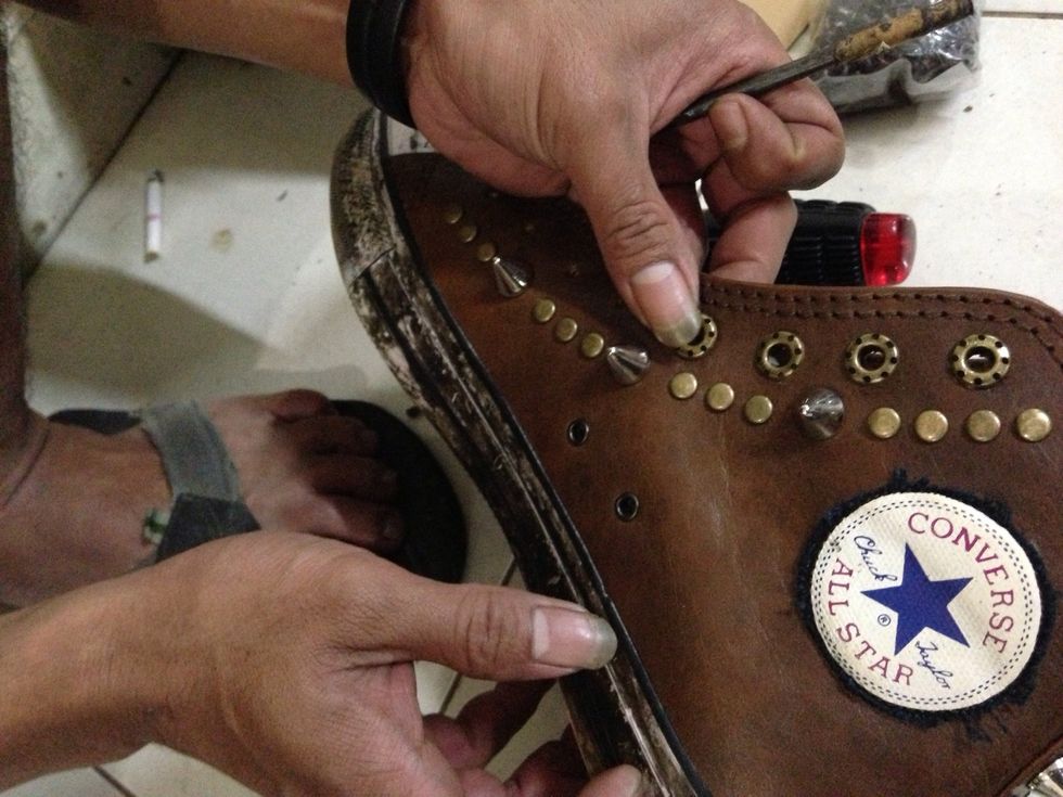 After all glue is dry remove the shoe last and start on the eyelet..