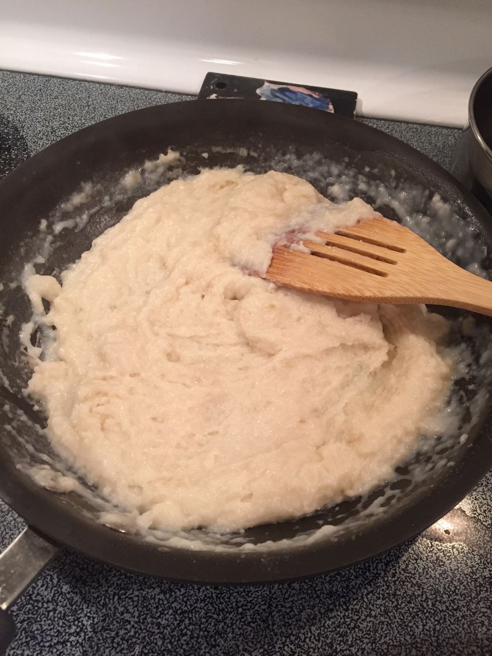 After all milk is added, remove pan from heat and stir until well blended. If you feel it is still too thick, you can add more water or milk, but not too much.