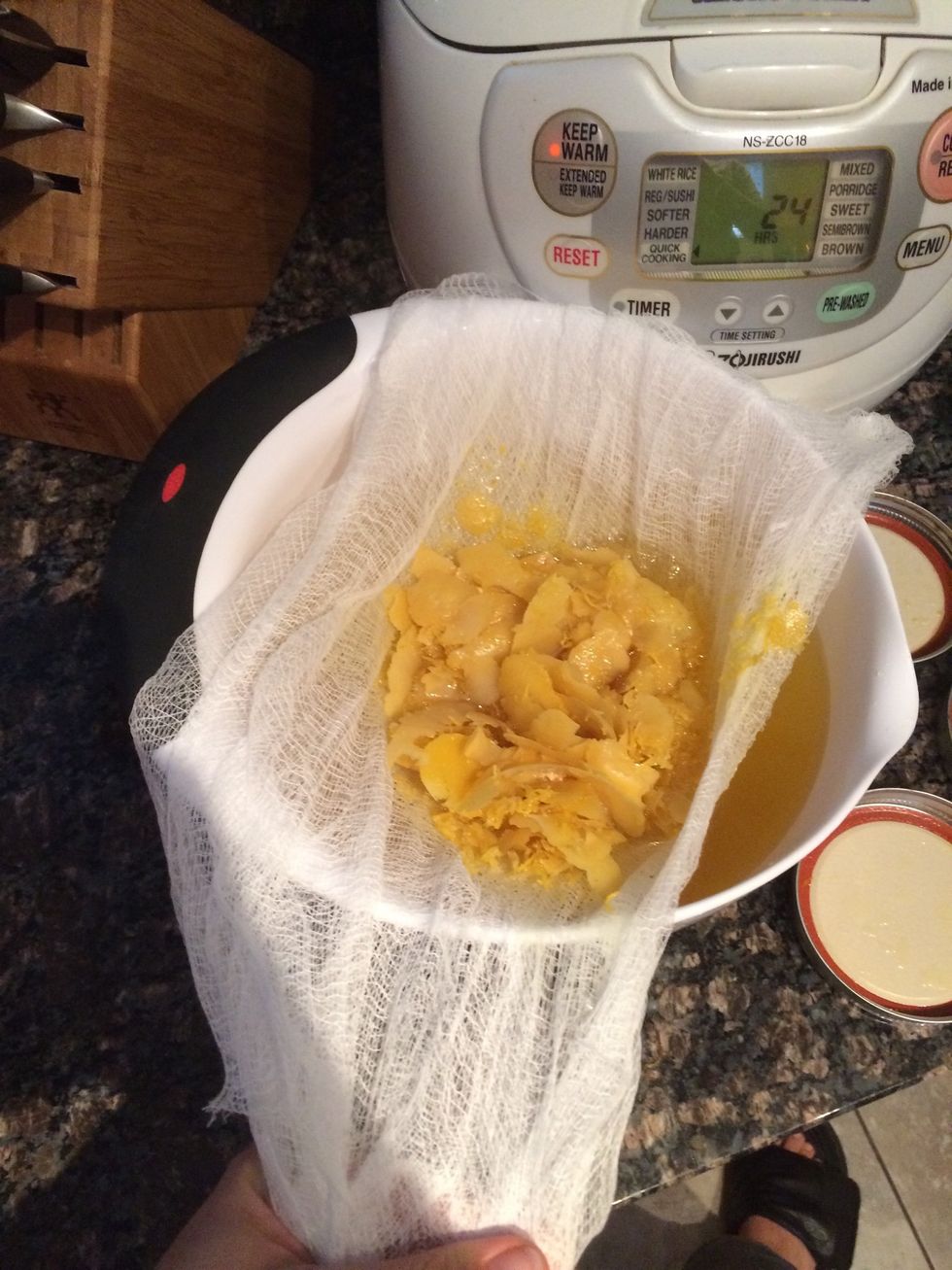 After all that goodness has melded together or you can't fight the urge anymore - strain the mixture using cheesecloth or a sieve.