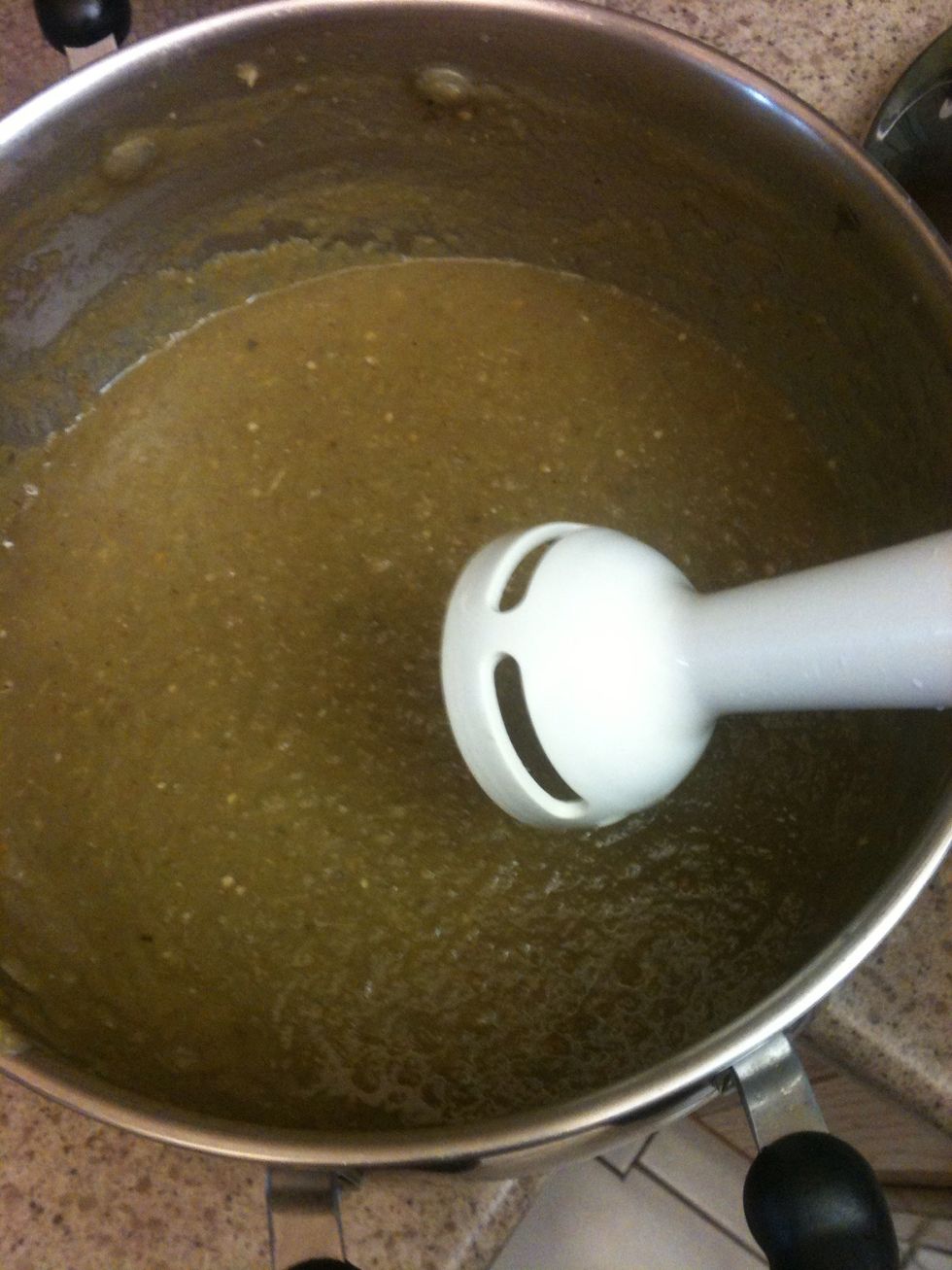 After all the goodness has boiled down and softened up nicely. Pur\u00e9e with a hand blender or a regular blender. Pur\u00e9e until smooth. Taste and season with pepper as desired.