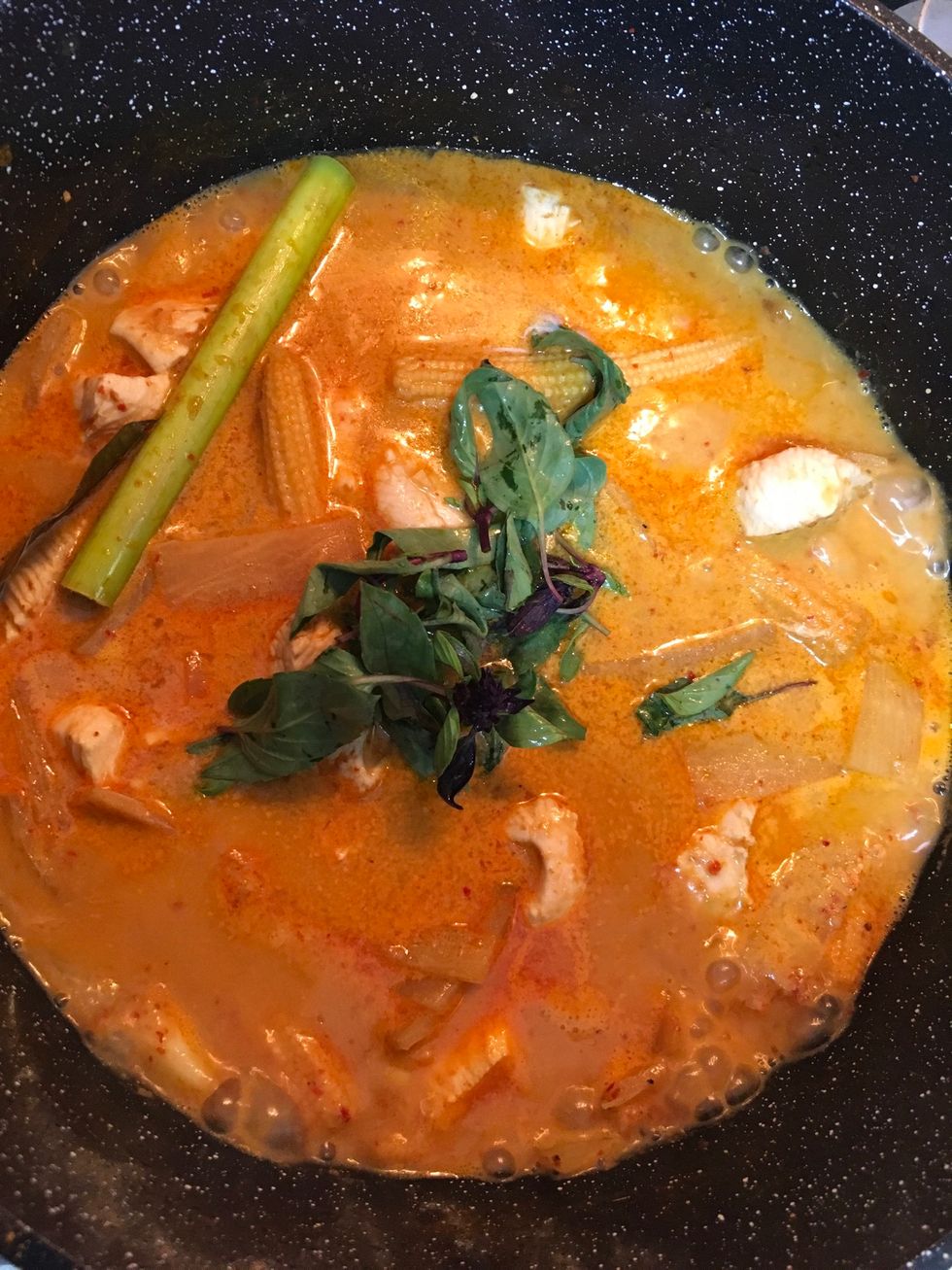 After an 25 minutes add up thai basil and turn off the heat.