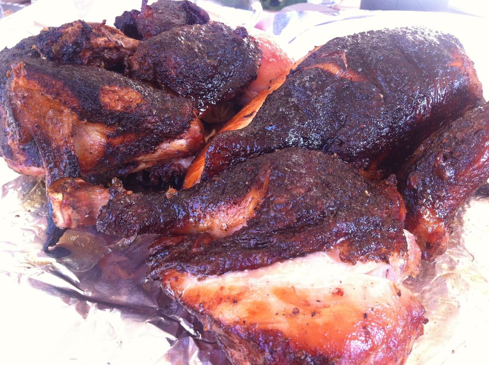 After an hour and a half, the chicken will be done.. Remove and place on a double sheet of foil.. Do NOT baste the meat with sauce while cooking or the mayo will "break" and the flavor will change..