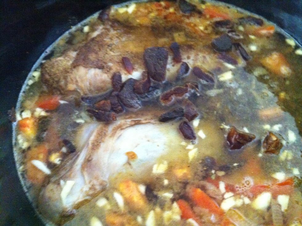 After an hour I added the fig preserve or honey, sliced dried apricots and dates.Cook for a further 5.5 to 6 hours. Taste for salt. The result it tender,succulent lamb shanks.