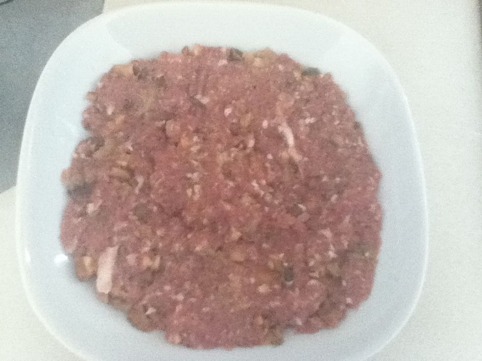 After an hour remove the mix from the fridge and put into a bowl the mix . Make it quite flat so it's easier to cook