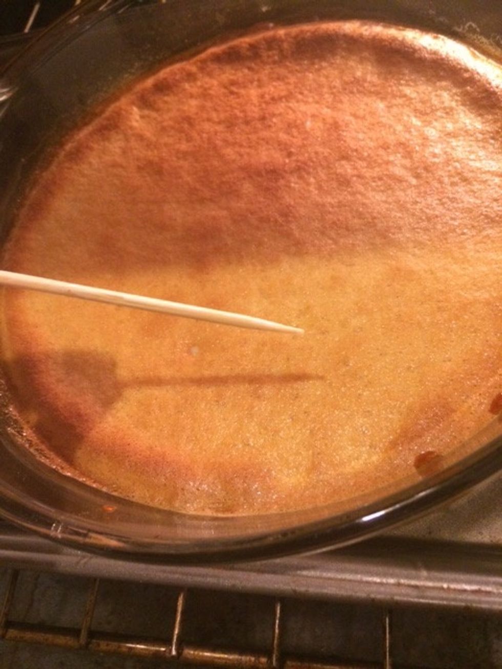 After an hour, stick a toothpick or fork into the center of the flan. If it comes out clean, it\u2019s ready. If its wet (flan will stick to it and drip), leave for another 3 minutes; check again.