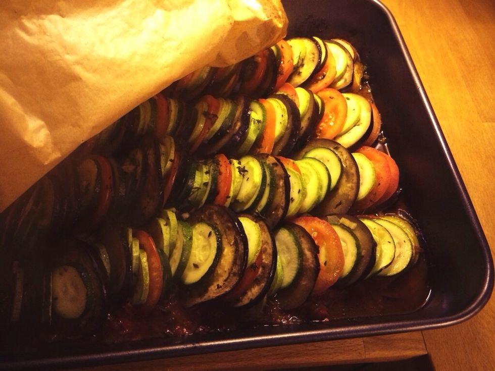 After an hour turn your gas down to 200/180 for fan ovens and take to foil or baking paper off.