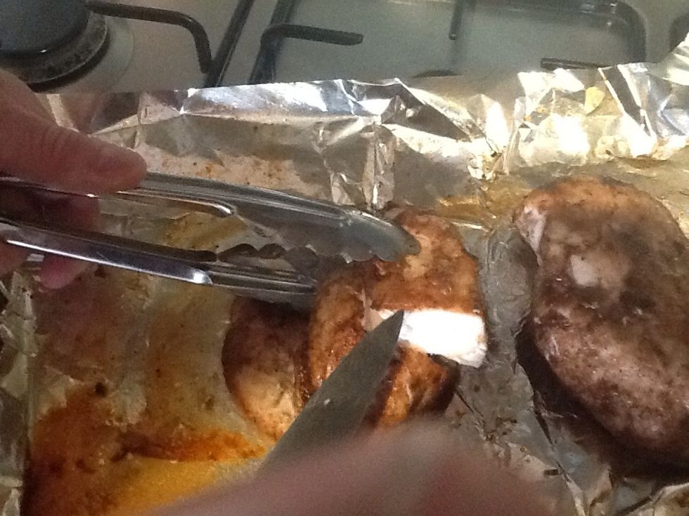 After another 15 minutes, take the Chicken out of the oven and make sure it is not pink inside
