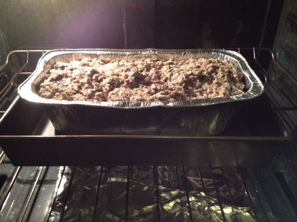 After baking with the foil at 425 F for 35 minutes, remove the foil and bake on a low rack for about 40 minutes at 375 F. This loaf didn't rise too much as we were in a crunch for time.