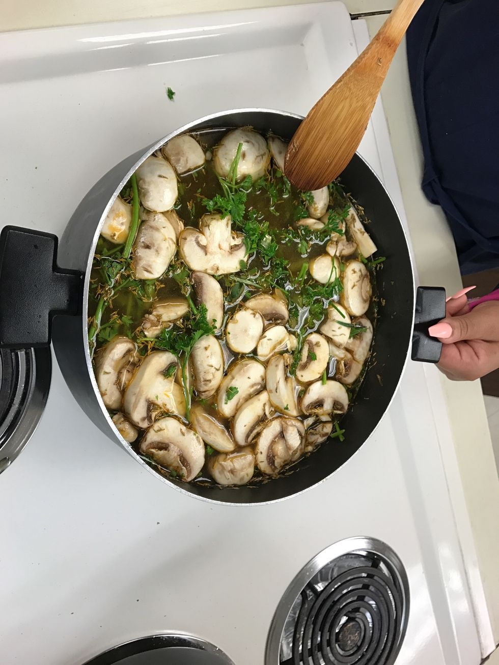 After caramelization of vegetables, add 10 C. and let simmer for 1 hour and a half.