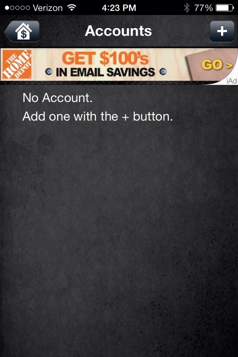 After choosing the accounts button this screen will appear. Here you will click on the + sign to add an account.