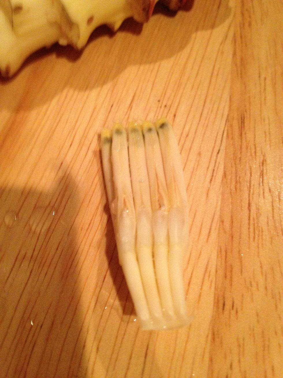 After chopping them small, they are ready to cook. Make sure you don't start chopping them without having your recipe and your ingredients ready, they discolour quickly.