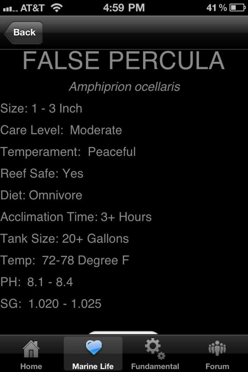 After clicking on false percula clownfish it gives you information needed to know about this type of fish. From this info I know that it's reef safe and doesn't require a huge tank.
