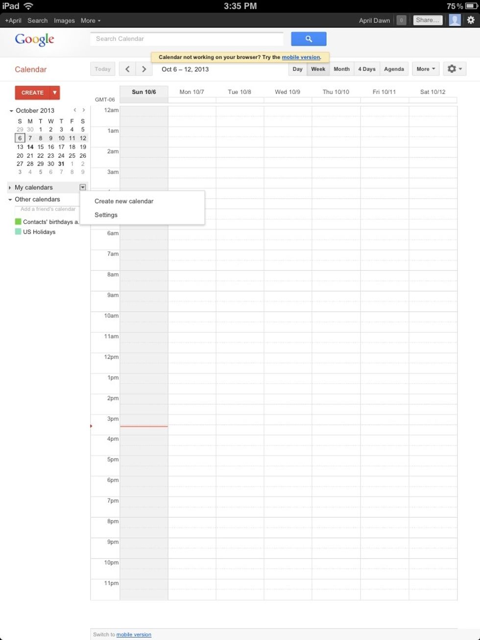 After clicking the calendar button your personal Google calendar will pull up. Click the arrow next to 'My calendars' and press 'Create new calendar.'