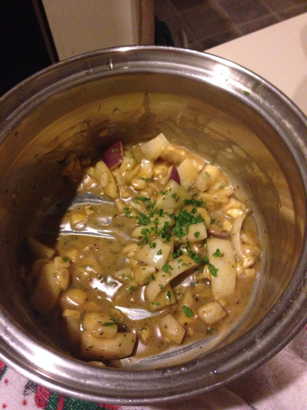 After cooking potatoes, rinse out the pot and return to burner. Add butter n olive oil just long enough to melt the butter. Remove from burner, add chopped onions, garlic, fresh herbs and seasonings