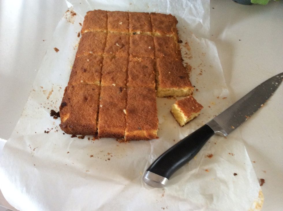After cooking the first mixture trim the sides from the cake. Cut into 16 even squares. Carefully trim crusts from top and bottom of each square