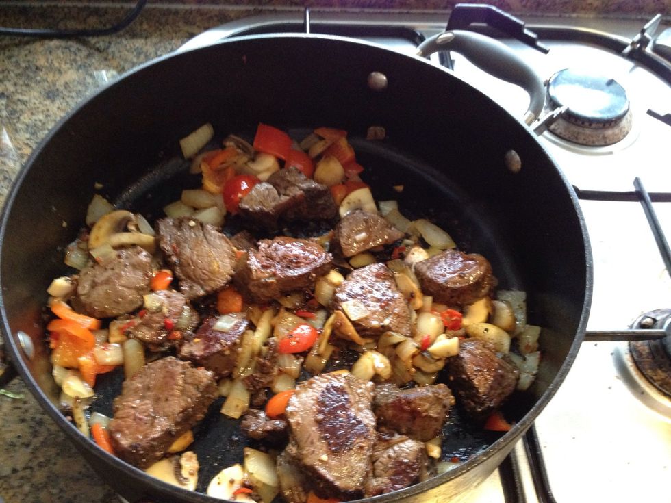 After cooking the mixture to your liking, poor it all into the same pan with the kangaroo. The kangaroo should be medium rare at this stage (don't over cook it as it gets tough straight away)