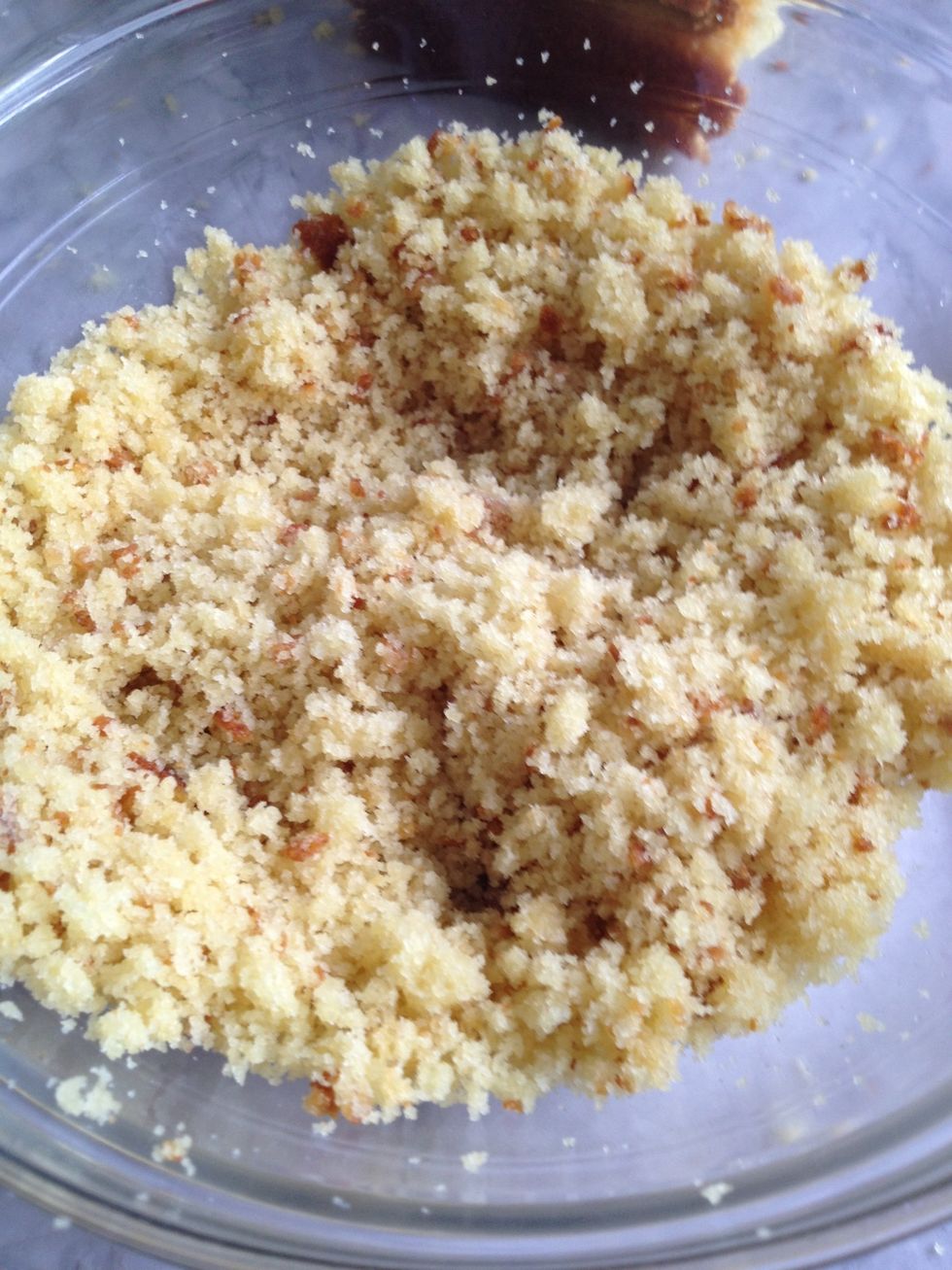 after cooled move cake into a bowl, and break apart until all of it is tiny crumbs