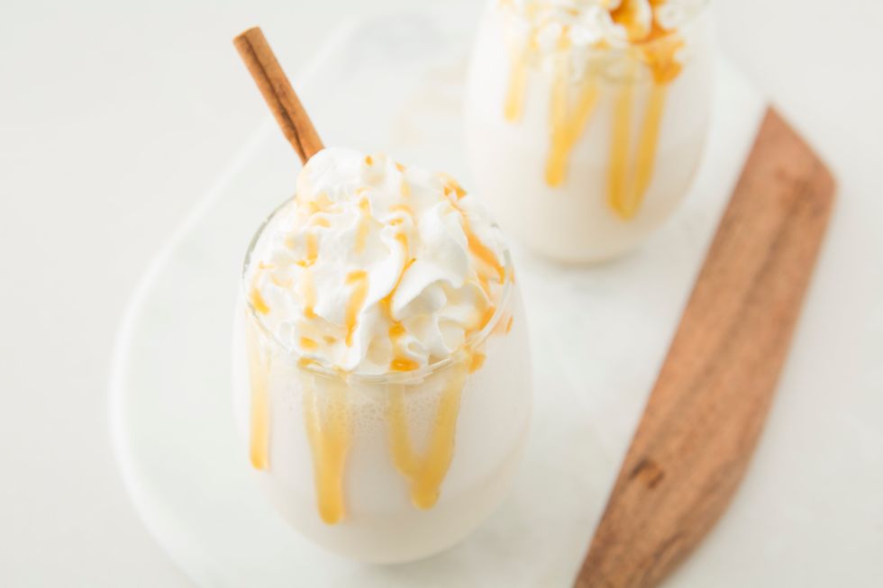 After dividing the mixture between glasses, top generously with whipped cream and drizzle with butterscotch sauce.