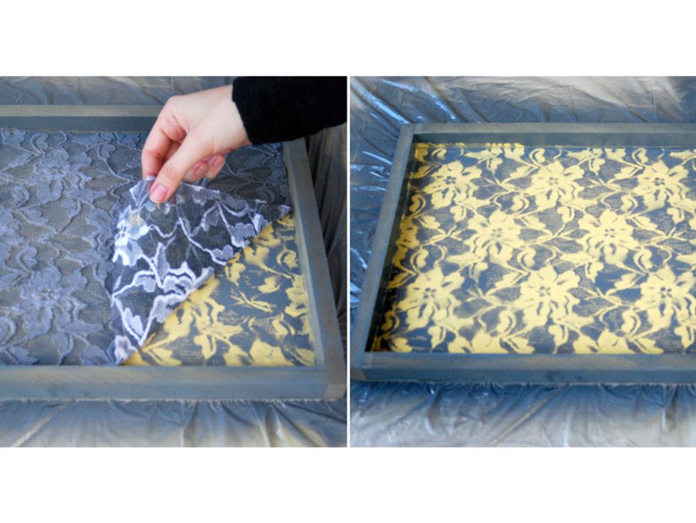 After drying, remove the piece of lace for the finish, pour a water based sealer on entire tray.