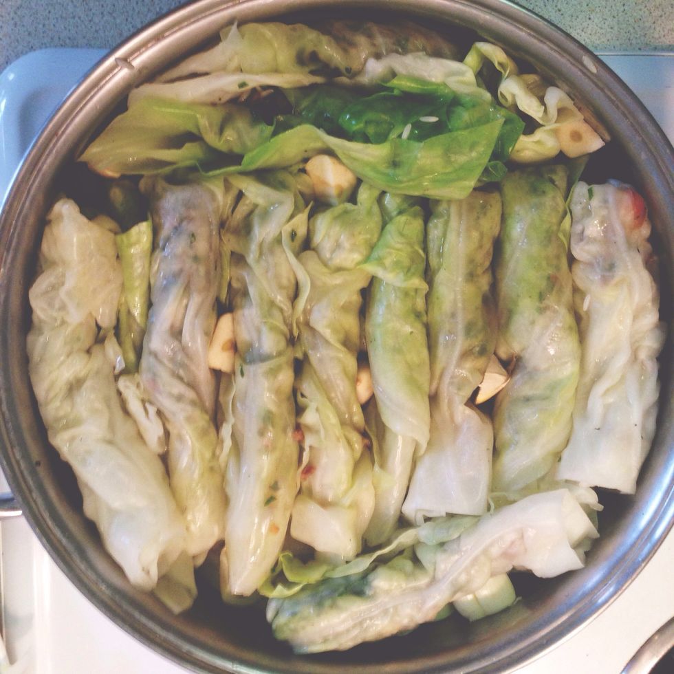 After each leaf is rolled, place neatly side-by-side in pot. For extra flavor, put pieces of the remaining half-a-head of garlic between rolls. You will most likely have 2-3 layers of cabbage rolls.
