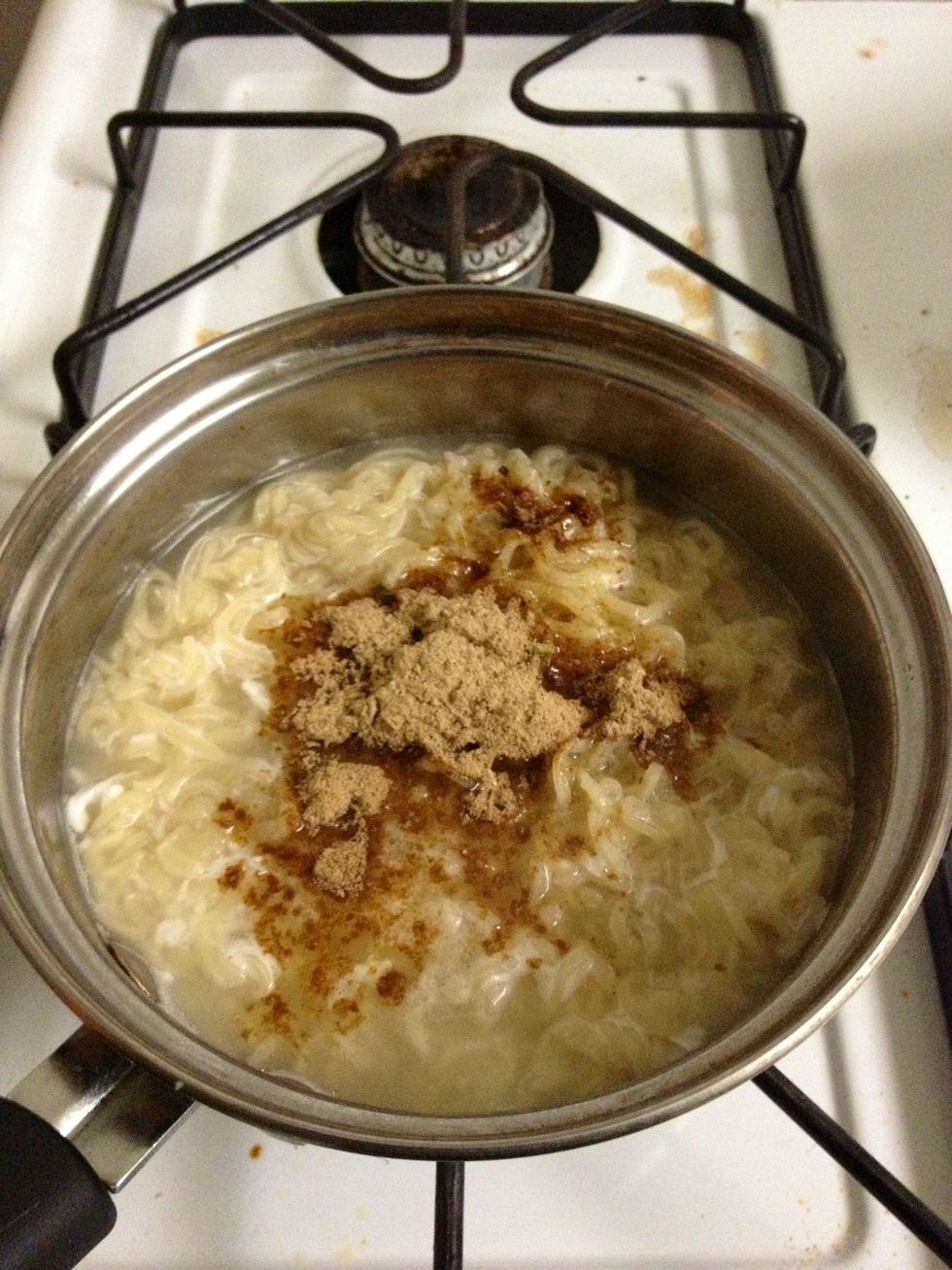 After egg has been boiled, turn heat off and add seasoning packet from inside of ramen packet.
