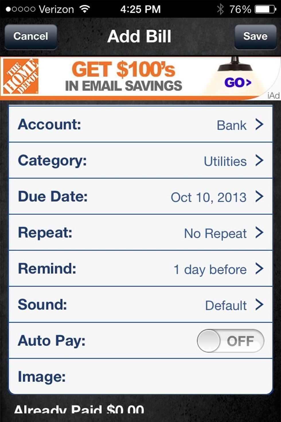 After entering information into all of the requires fields you can save the bill, and begin paying them.