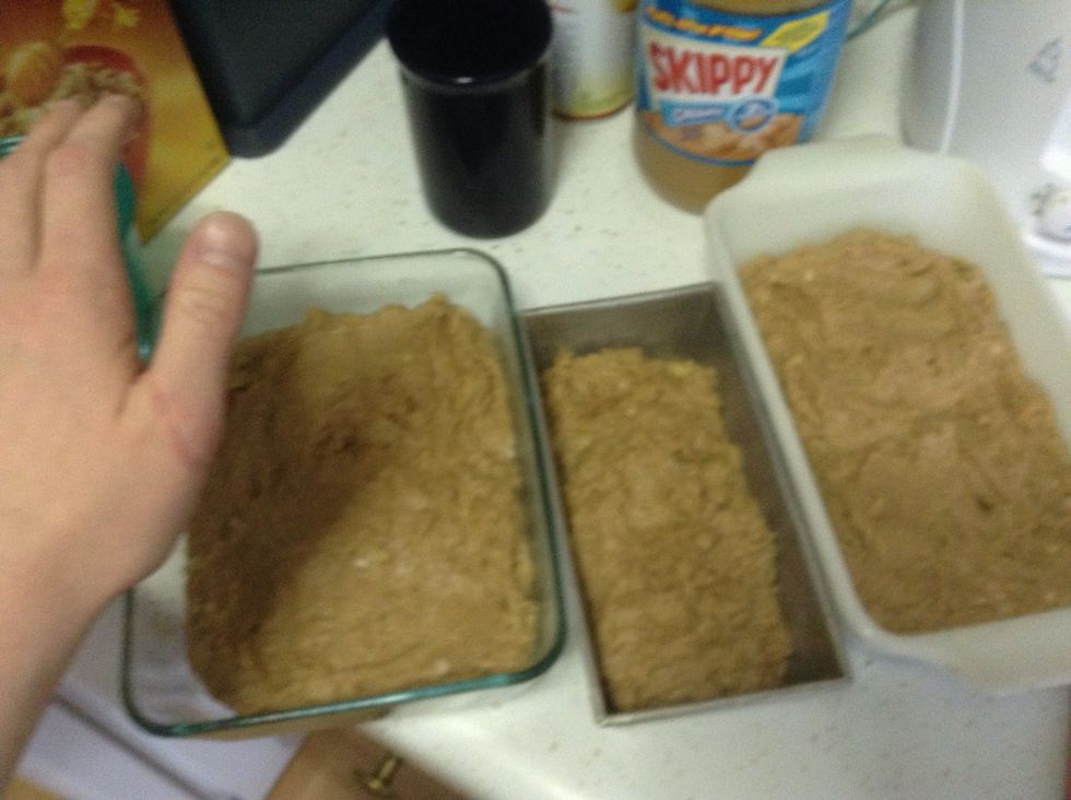 After everything has been mixed well pour the batter in the pans evenly