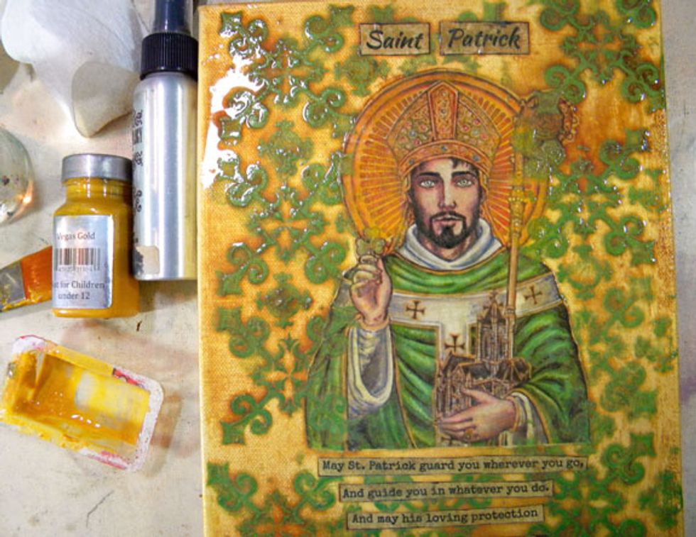 After everything is dry, I sprayed the canvas with Sandcastle Colorations Spray and let it pool around the green stenciled areas.