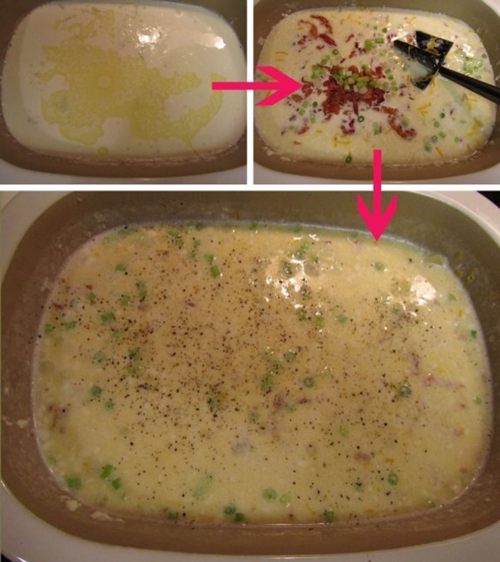 After everything is nice and hot, add your shredded cheese (or grate fresh over it), salt and pepper, and combine everything until the cheese is melted. Add other toppings cooked :)