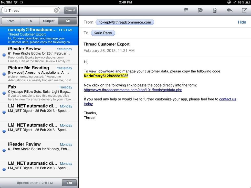 After Exporting, you will get an email that looks like this. Copy and paste the part highlighted in yellow. That is your password. Click the link to get to the page with your contacts.