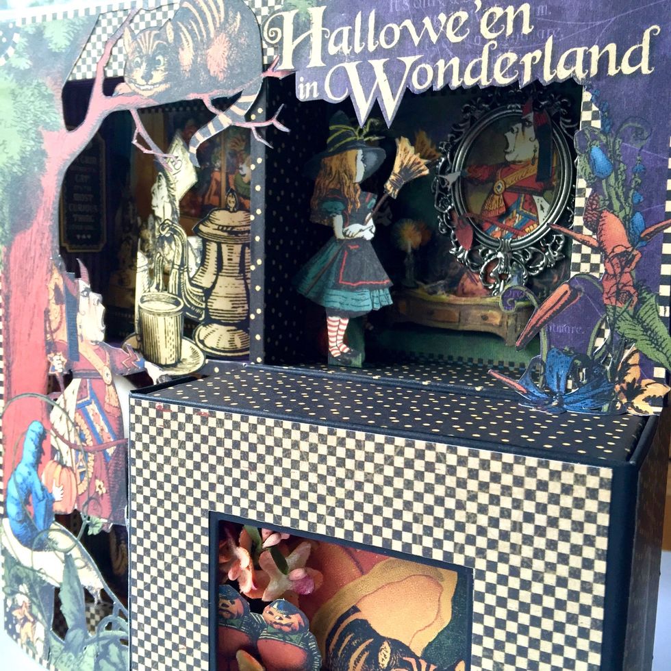 After gluing large fussy cut pieces and Black Mixed Media Box on the Window Shadow Box, we continue the decoration.