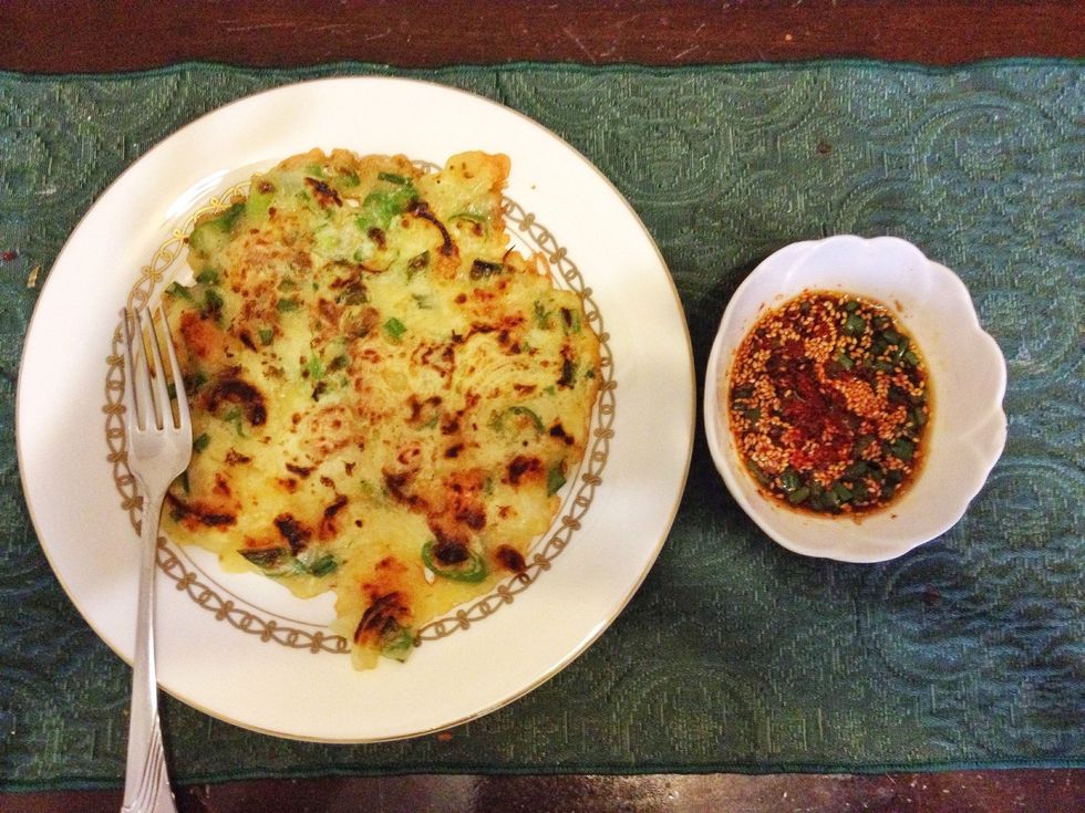 After heating the other side of pancake for about 2-3 minutes until golden brown, take it out of the pan and serve with the sauce. Yum!!! Hope you enjoy it!! :)