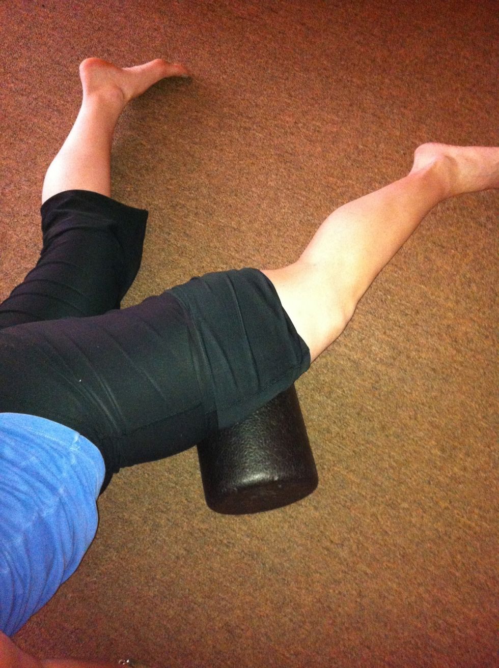 After inner thigh, roll directly over the quad lower inner/top corner, a few inches above the knee toward inner thigh.It's in the corner (so to speak) of the base of 2 of the quads. A deep knot here