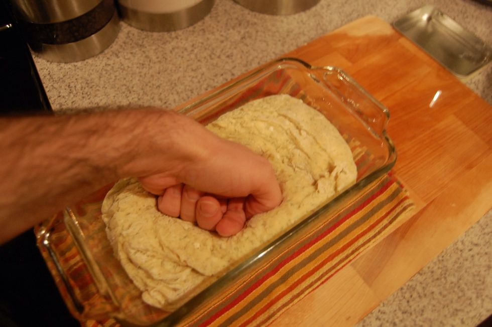 After it has doubled in size, mash the dough down until it is more dense and most of the air has been pushed out of it. It should reduce to 1/2 it's size.