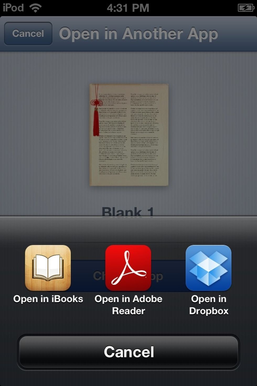 After it makes the PDF You will be asked what app you want to open it in. (IN IOS 6.0 this is how it looks.) Choose OPEN IN IBOOKS.