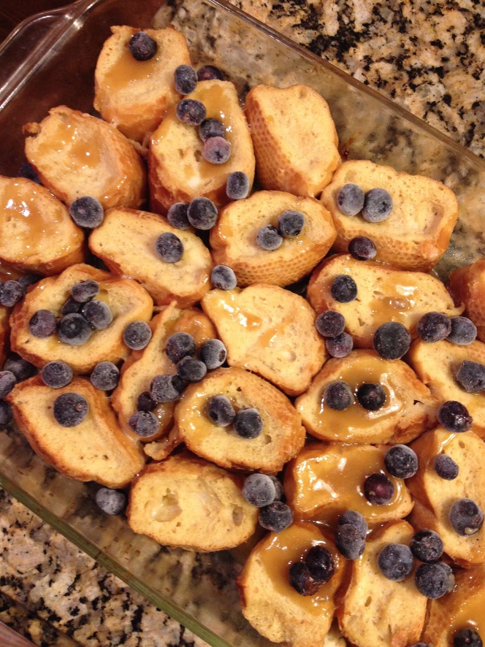 After it's baked for the 25 minutes, add the frozen blueberries and drizzle sauce over