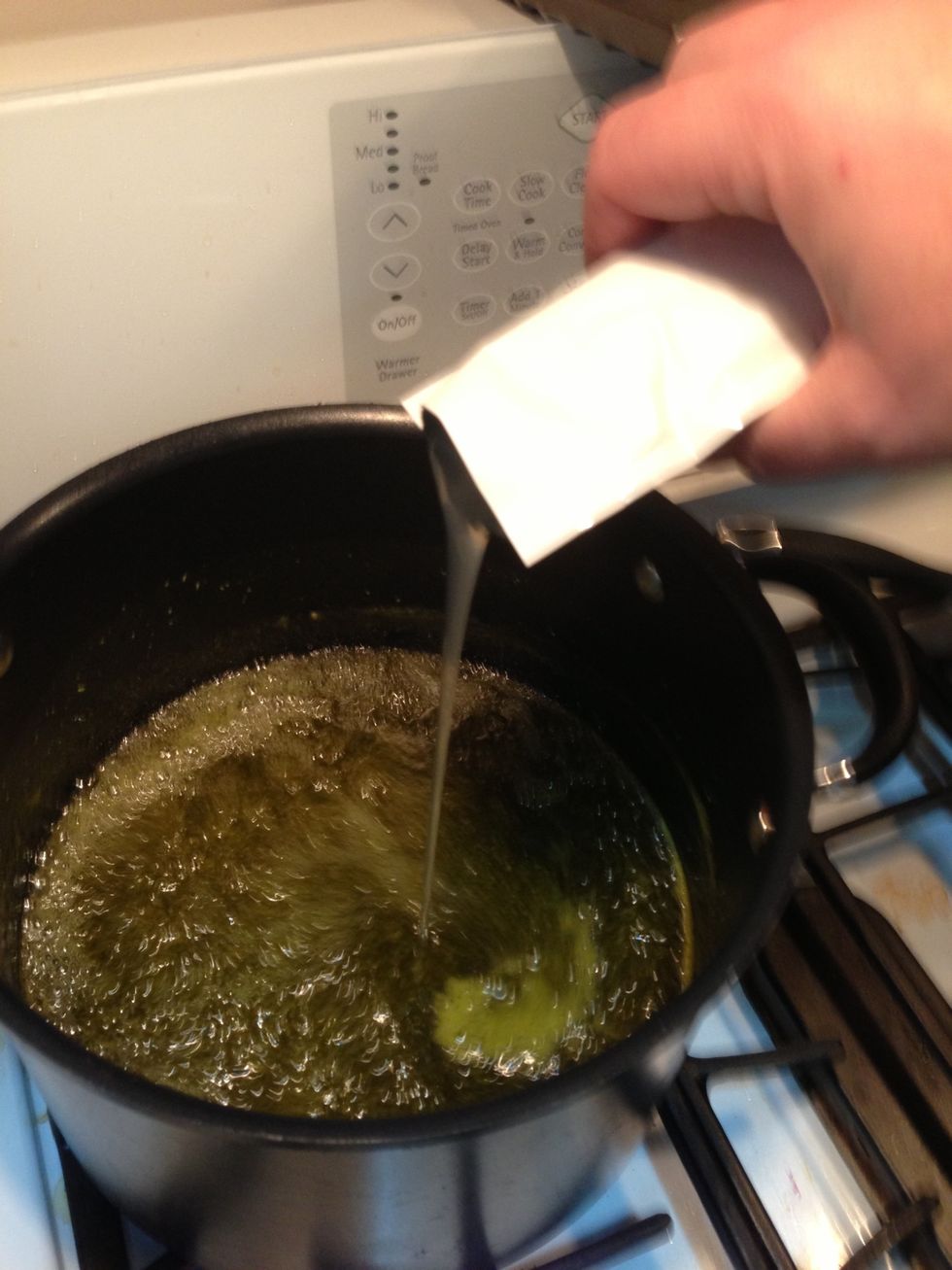 After its boiled for 10 minutes add both packets of liquid pectin. Roll it like toothpaste to get it all out of the packet.