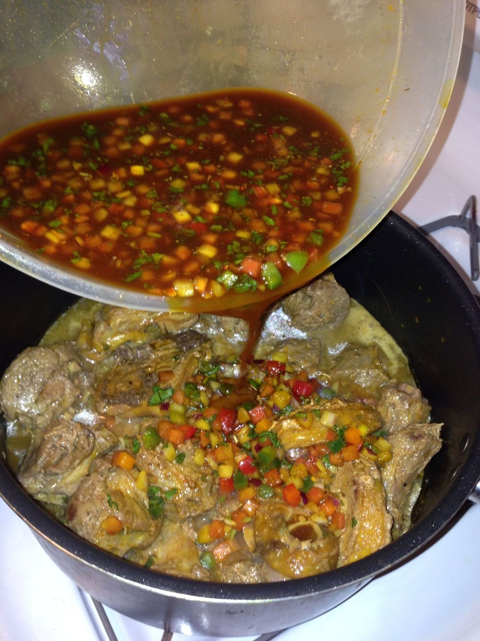 After its brown about 20 min then start pouring in your juice mix with the onion