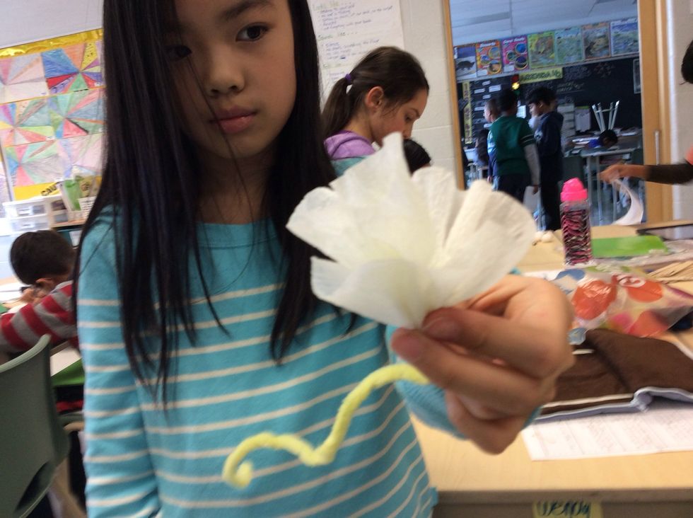 After , keep wrapping and pinching the tissue paper on to the pipe cleaner , so it looks like a flower . There should be no more tissue paper to wrap now .