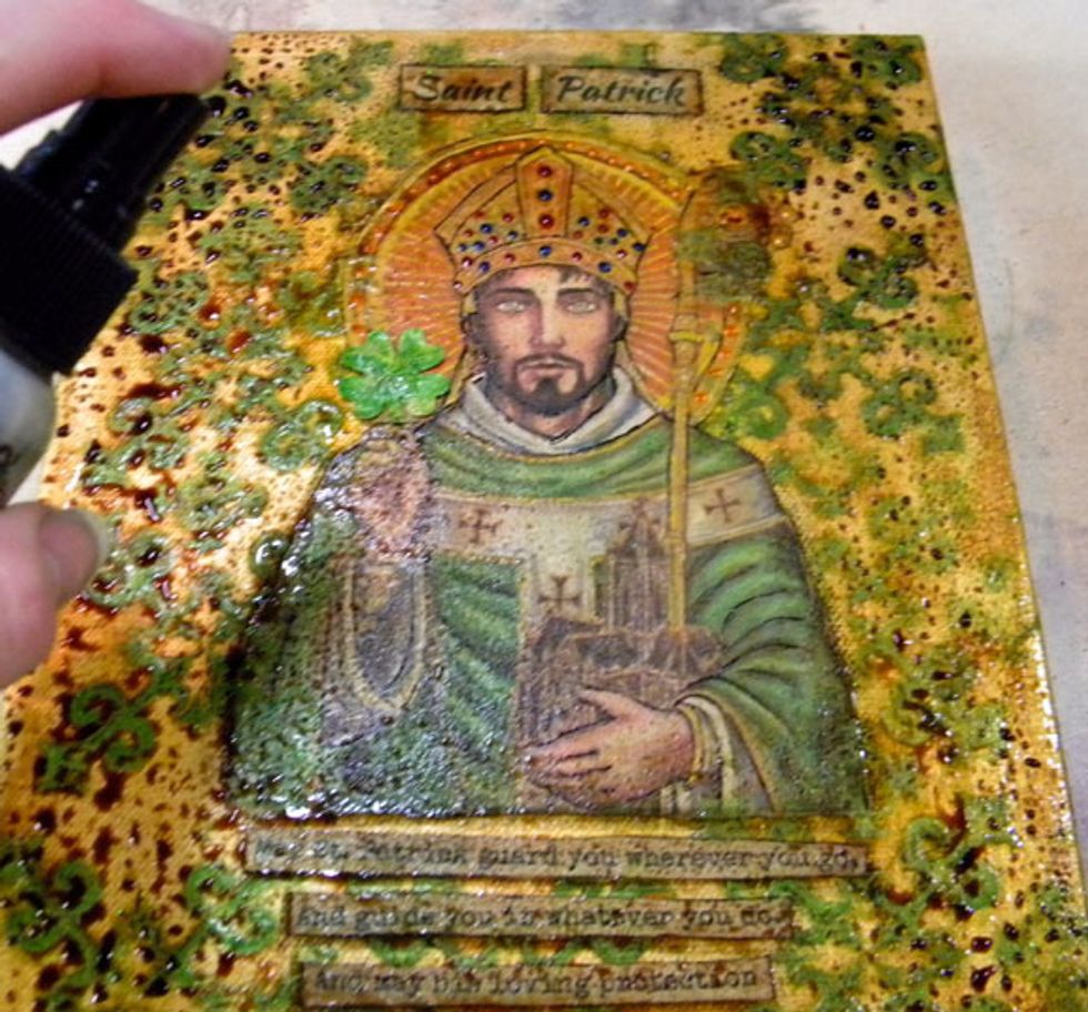 After letting the crackle medium dry overnight, I sprayed the canvas liberally with Sandcastle and French Toast Colorations Sprays and let it seep into the cracks. I also add it to the sides.