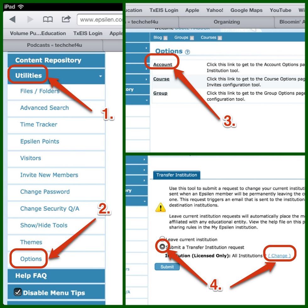 After logging in to Project Share, click on "Utilities" (1). Then click "Options" (2). Next, click "Account" (3). (4) Click the "Submit a tran..." radio button, then click "Change".